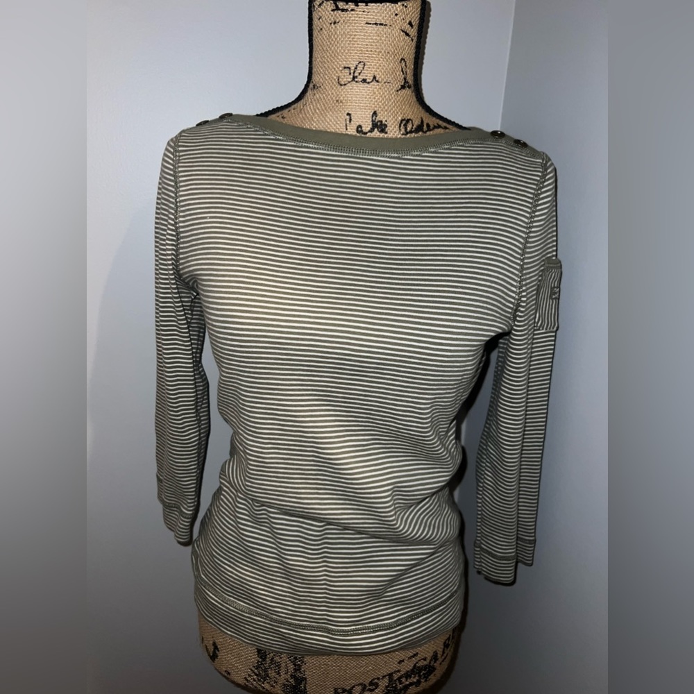 Lauren Ralph Lauren Green & White Striped 3/4 Shirt Size Large